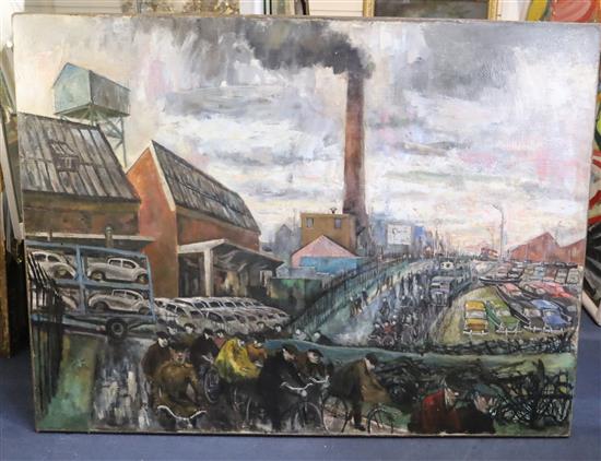 Modern British Cowley Motorworks, Oxford and The Farmers Market, Oxford verso 35 x 47in., unframed